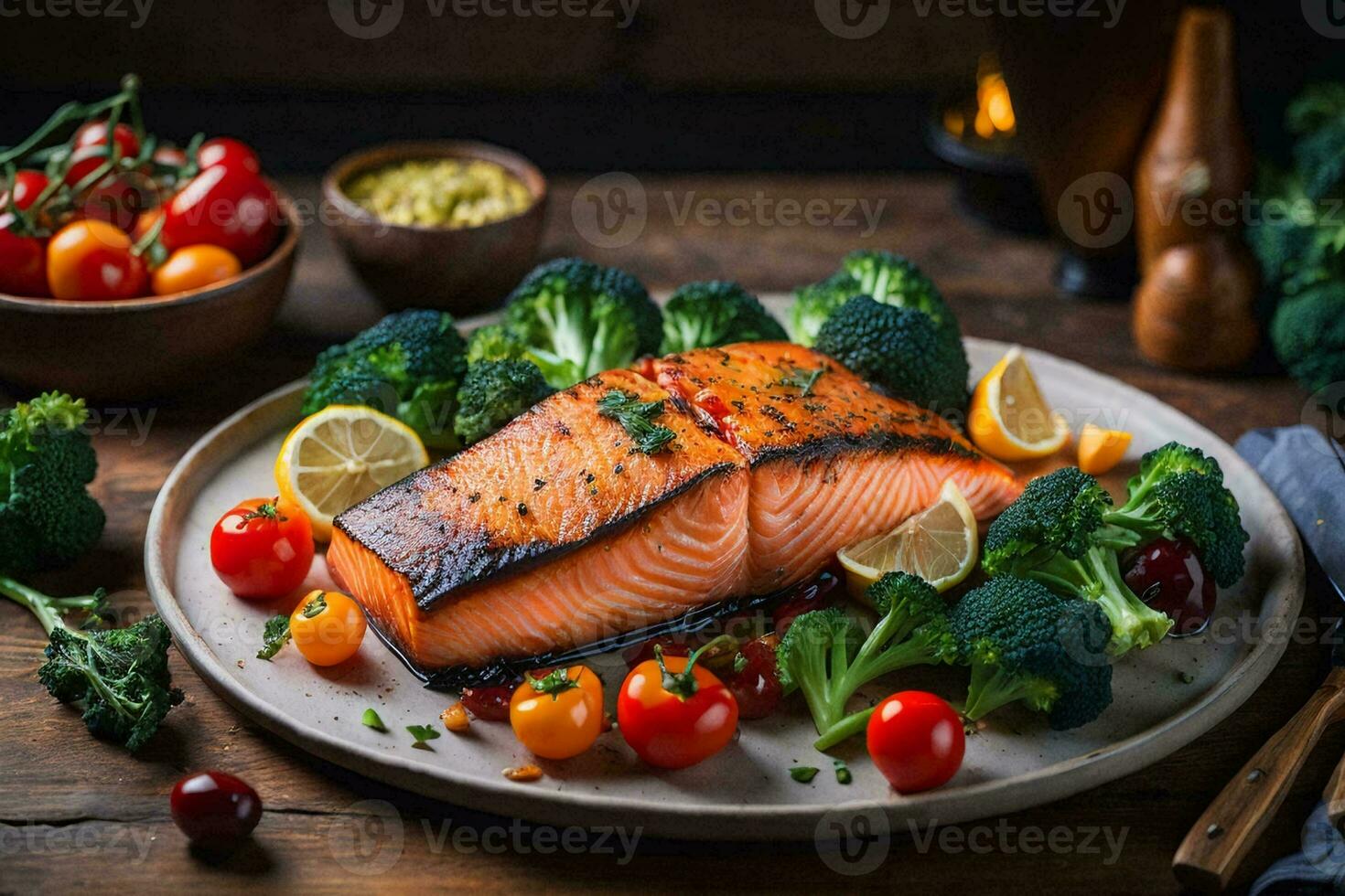 salmon vegetables herbs plate food dark background photo