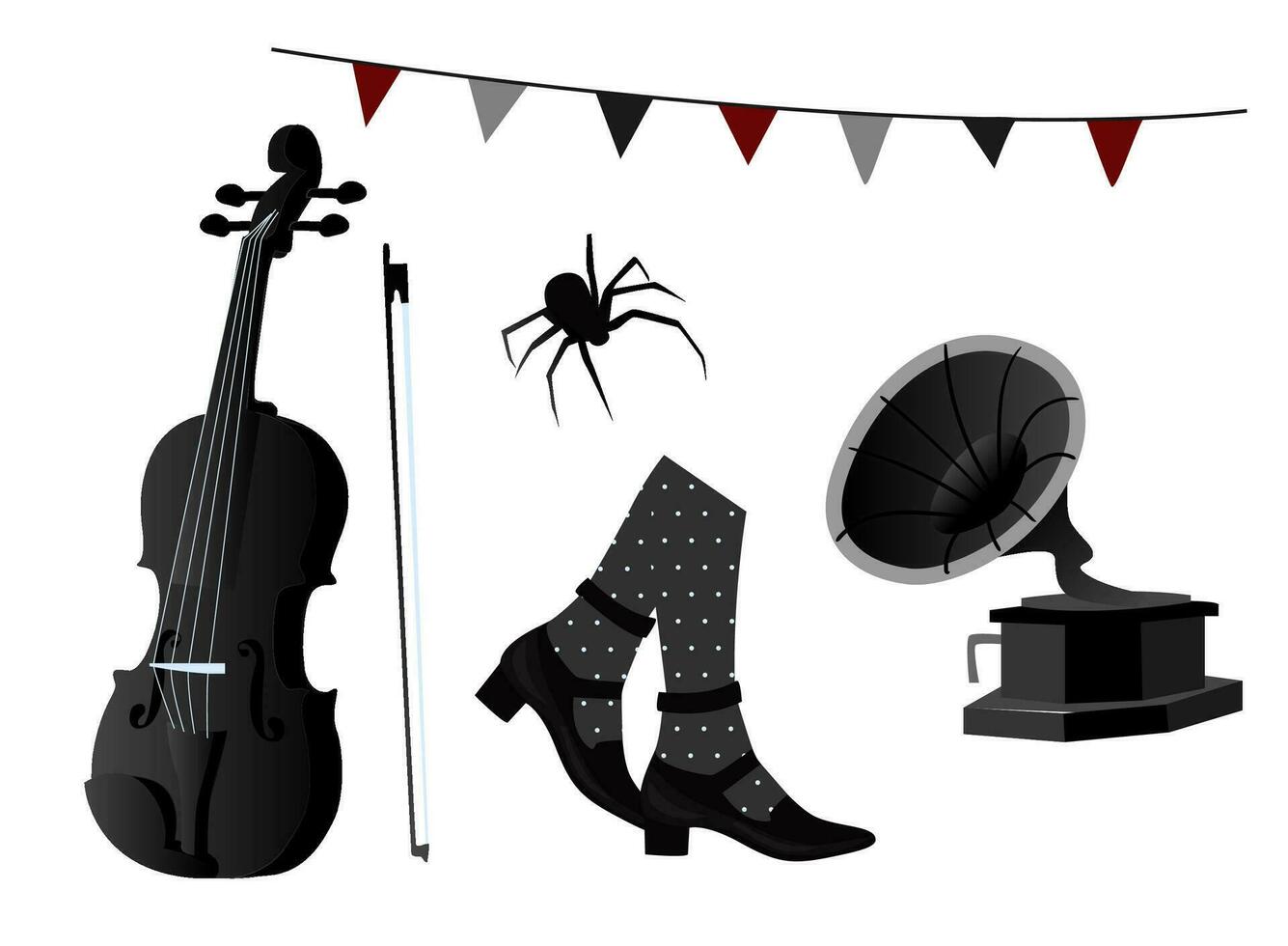 Gothic set in the style of Wednesday. Gothic black arch, cello, poison, spider web, briefcase, spider, thunderbolt, hand, house, shoes, and flags. Vector illustration, flat style