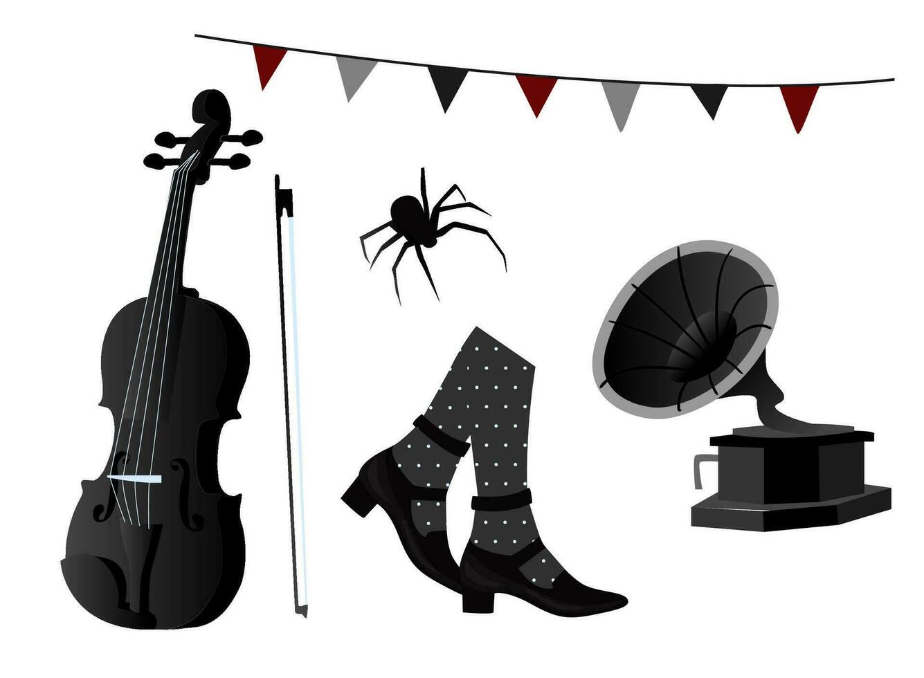 gótico conjunto en el estilo de miércoles. gótico negro arco, violonchelo, veneno, araña web, maletín, araña, rayo, mano, casa, zapatos, y banderas vector ilustración, plano estilo