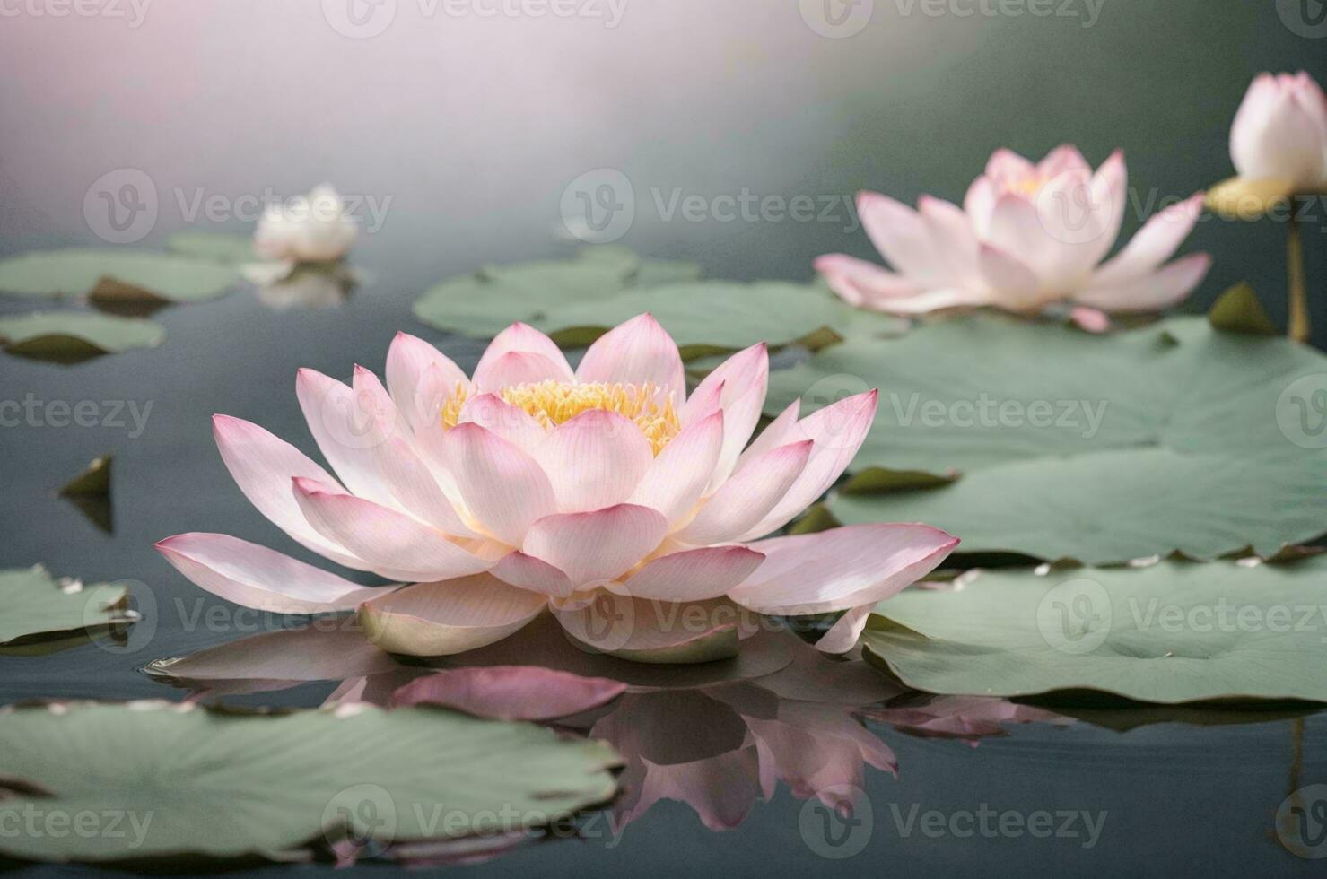 Botanical Photography of a pool in a natural setting, where the surface is adorned with delicate pink lotus flowers and lily pads. photo