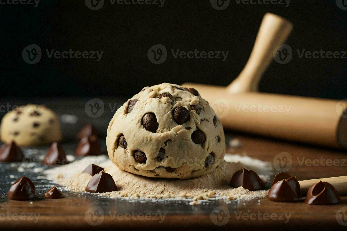 cookie dough ball with chocolate chips on a wooden rolling pin. photo
