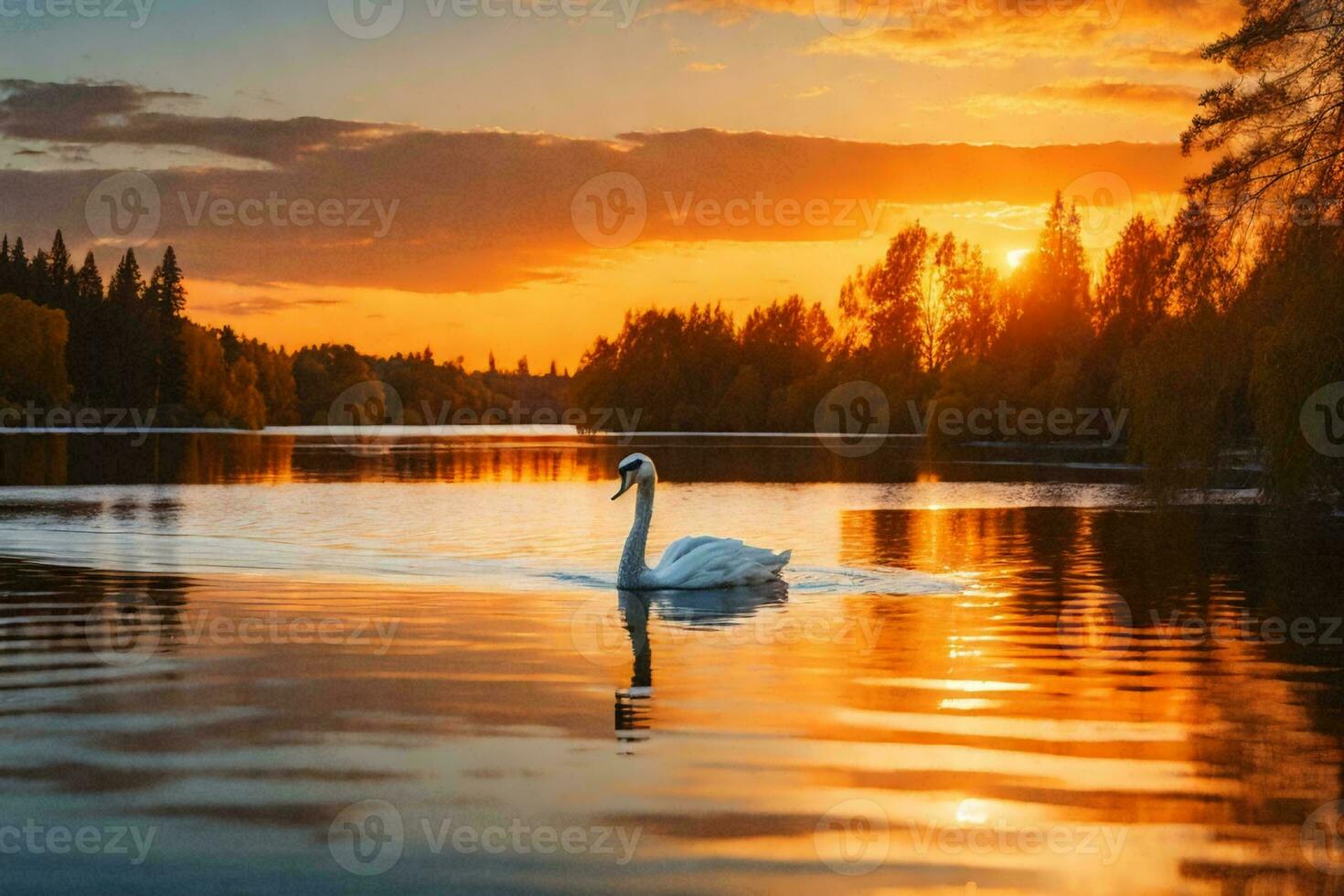 a swan swimming in a lake at sunset. photo
