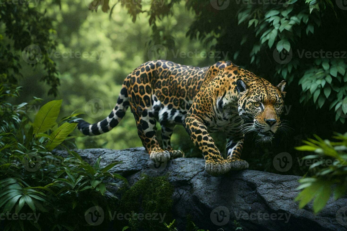 un hermosa y en peligro de extinción americano jaguar en sus natural hábitat. foto