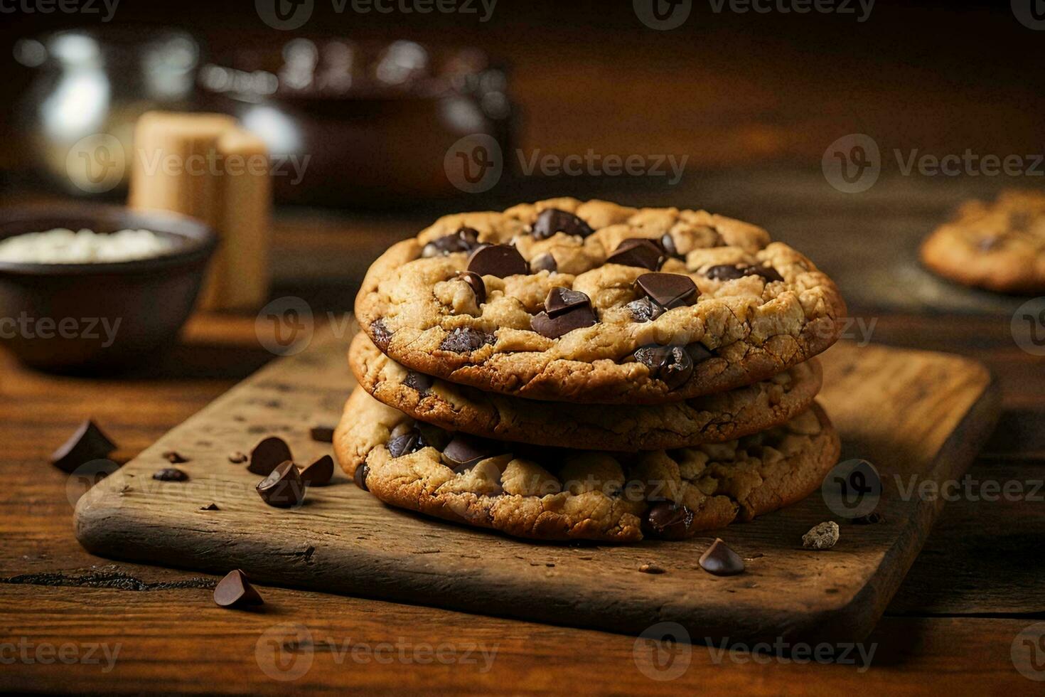 homemade chocolate chip cookie placed on a rustic wooden table photo