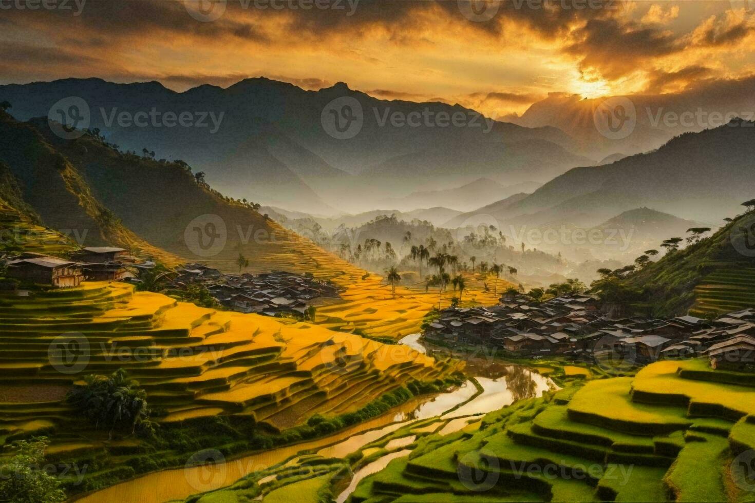 beautiful landscape of a village in a valley. photo