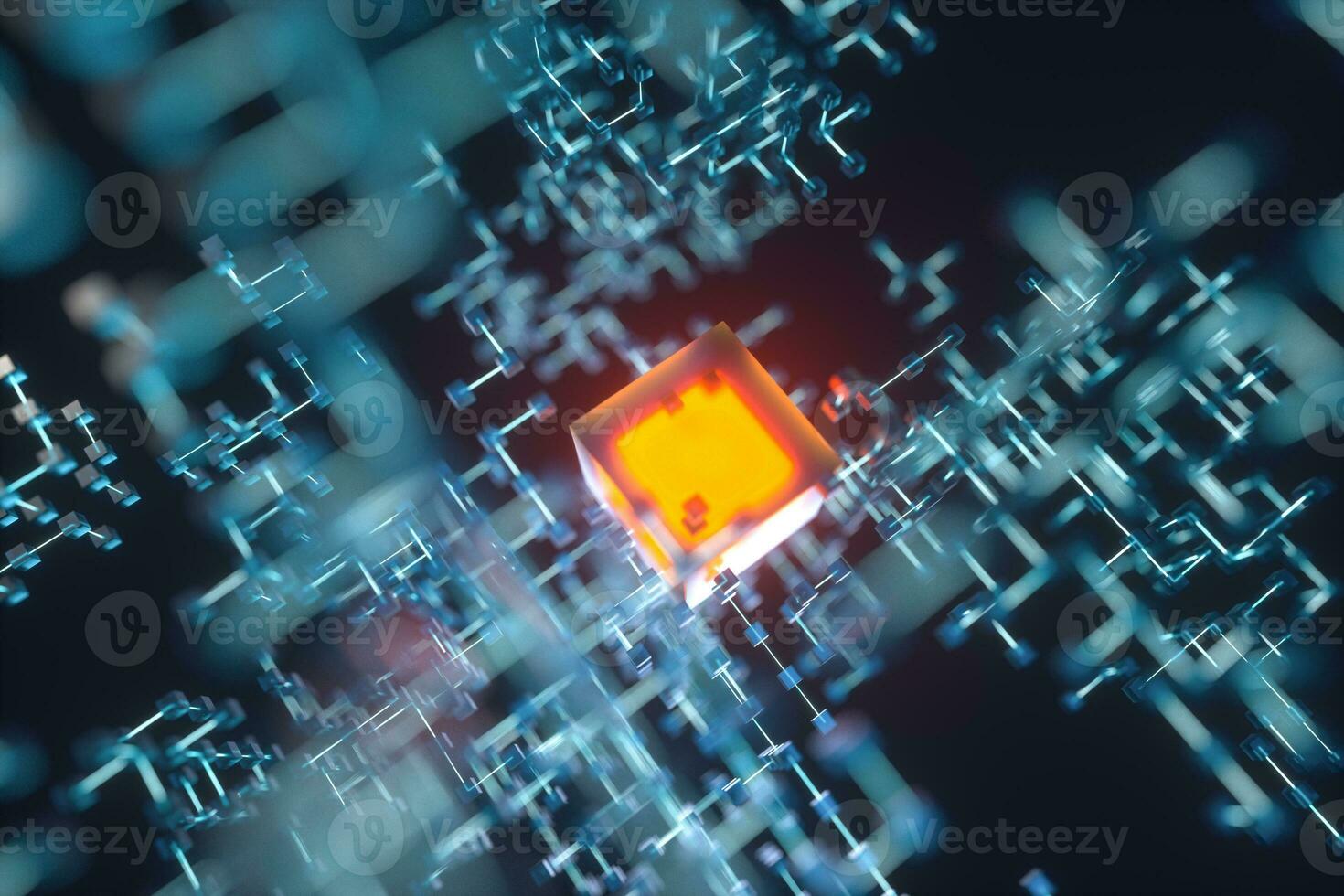 Glowing lines and cubes, technical and scientific background, 3d rendering. photo