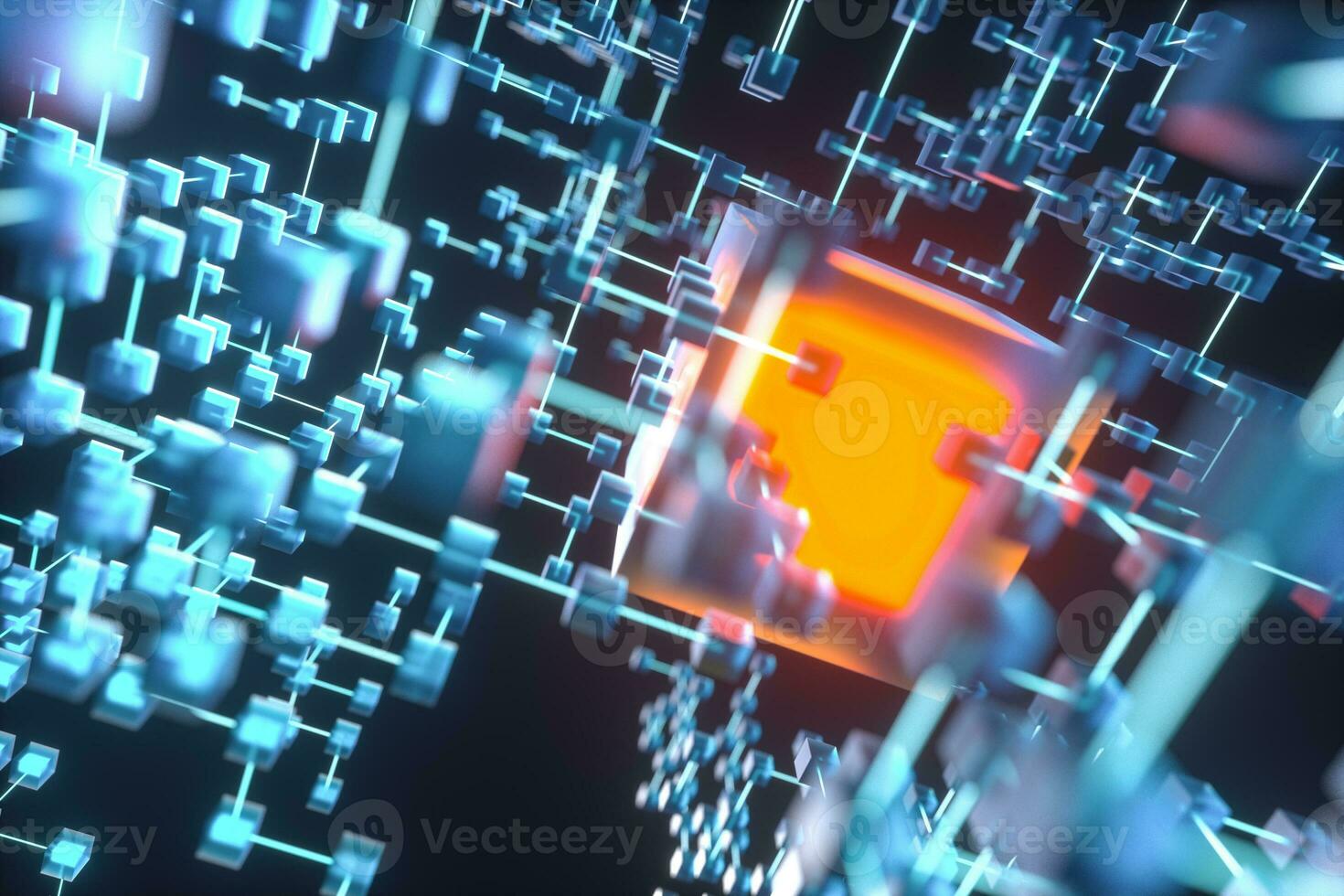 Glowing lines and cubes, technical and scientific background, 3d rendering. photo