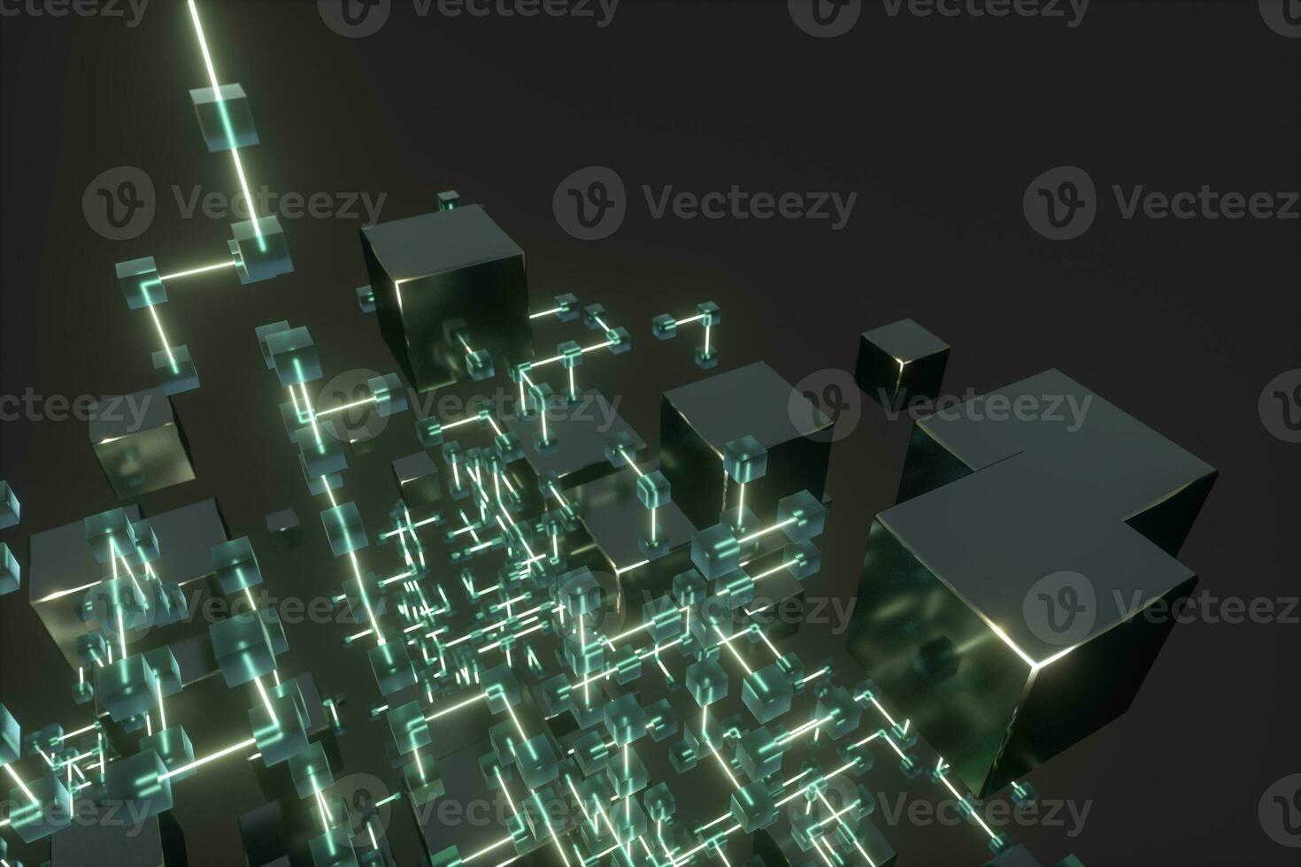 Glowing lines and cubes, technical and scientific background, 3d rendering. photo