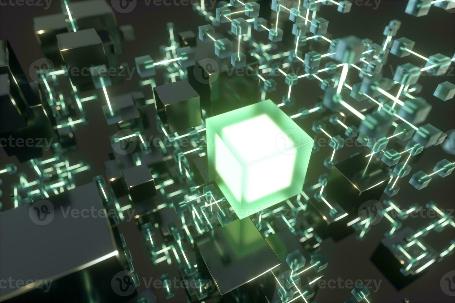 Glowing lines and cubes, technical and scientific background, 3d rendering. photo