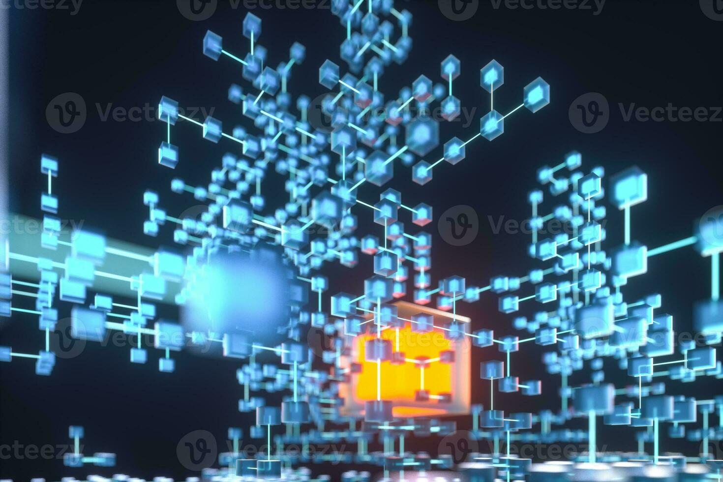 Glowing lines and cubes, technical and scientific background, 3d rendering. photo