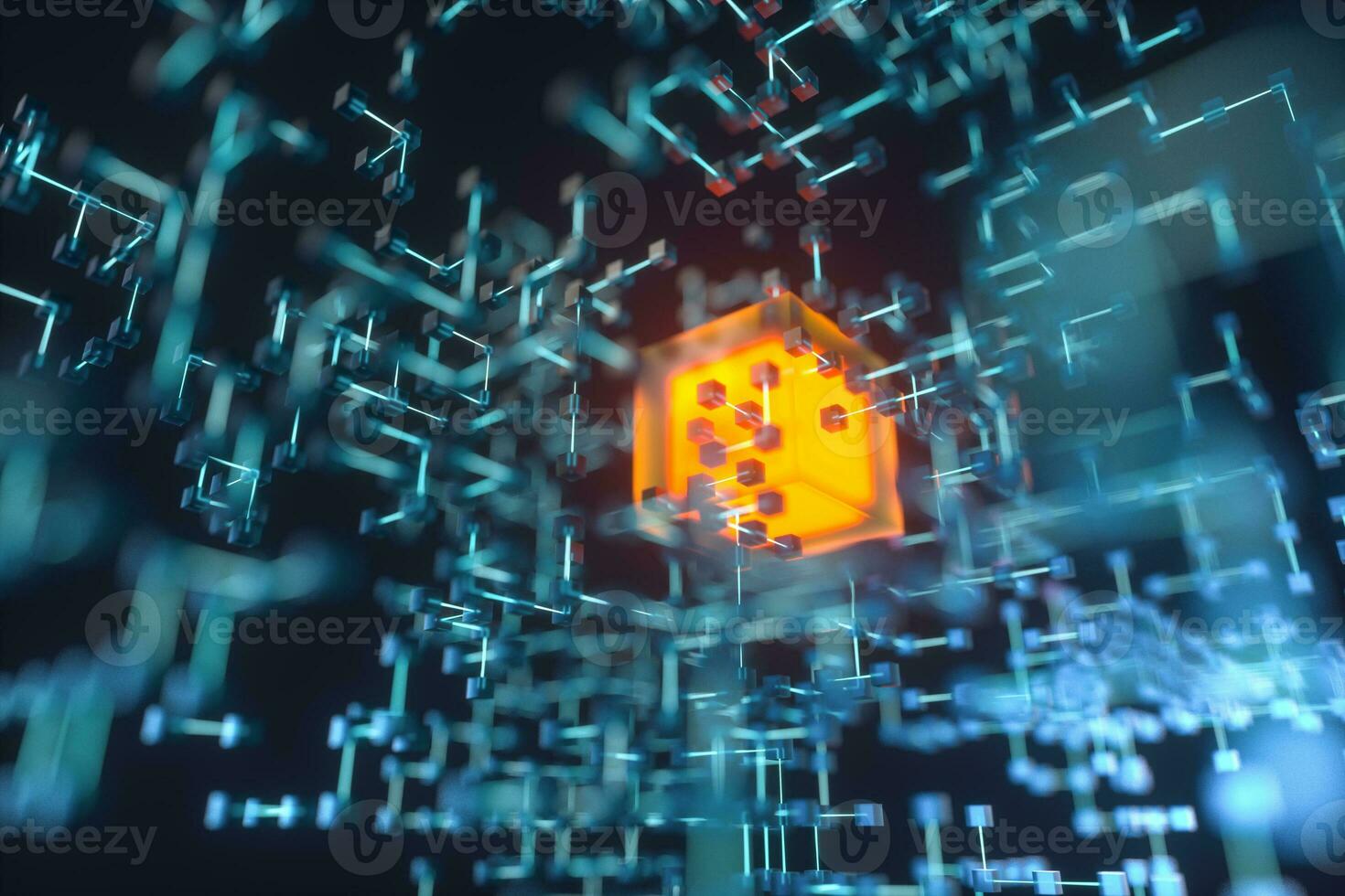 Glowing lines and cubes, technical and scientific background, 3d rendering. photo