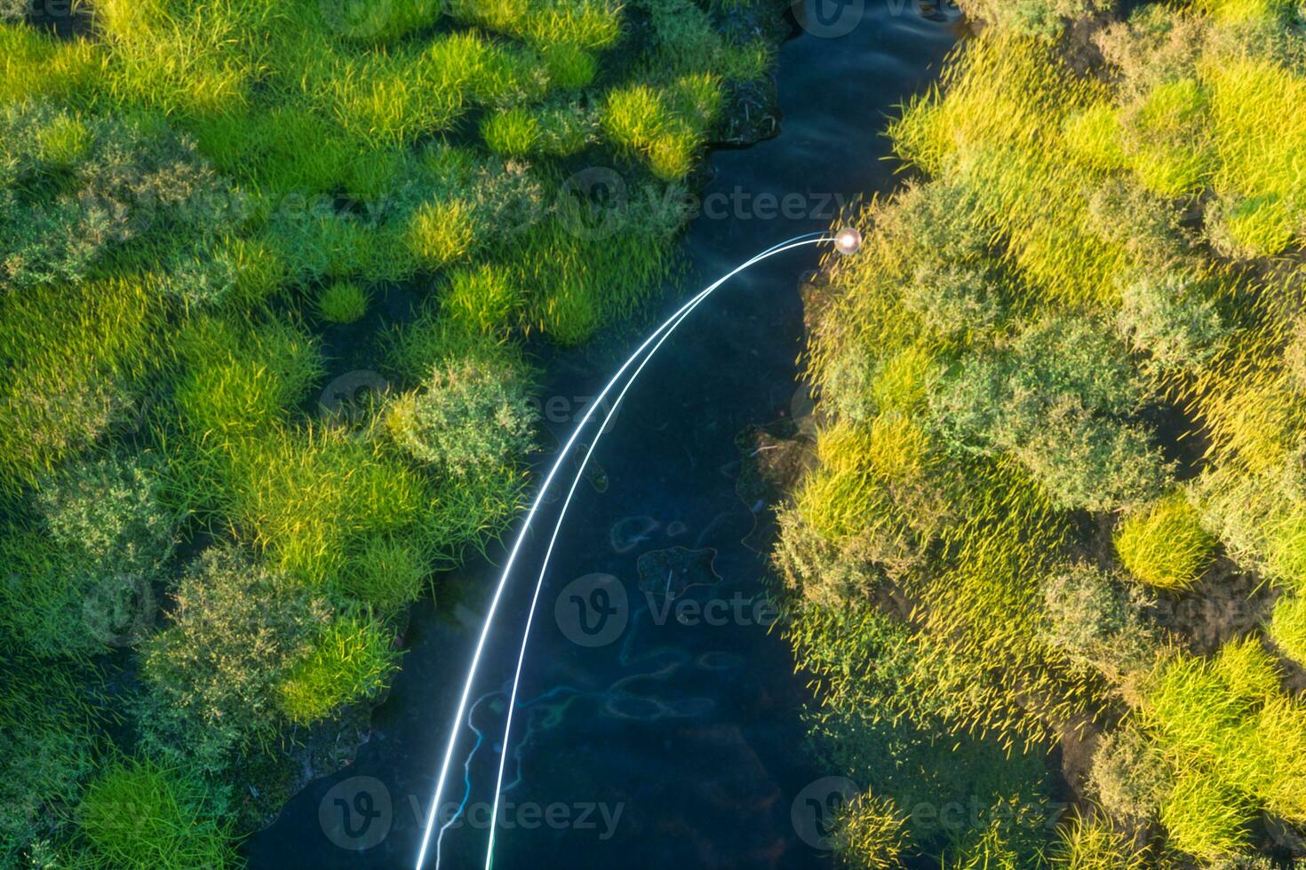 el río Entre el montañas en un soleado día, 3d representación foto