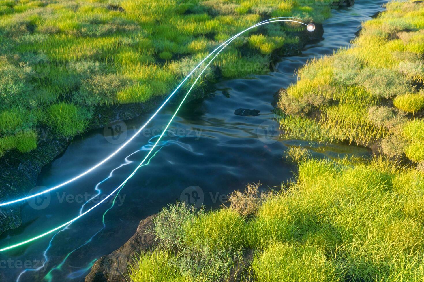 el río Entre el montañas en un soleado día, 3d representación foto