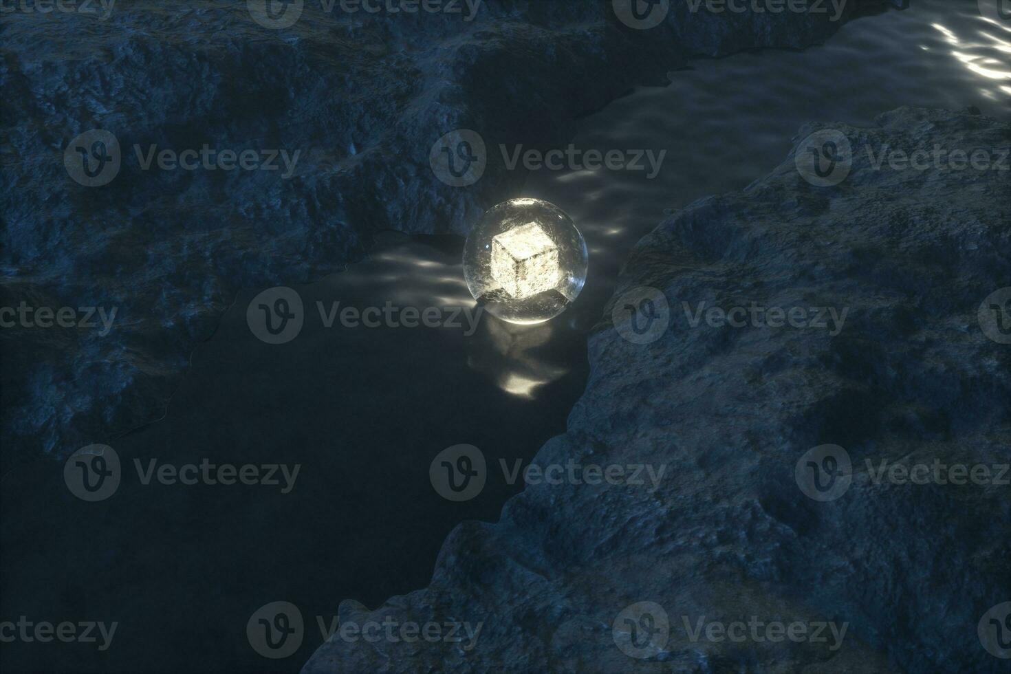 The flowing lantern in the river between the mountains at night, 3d rendering photo
