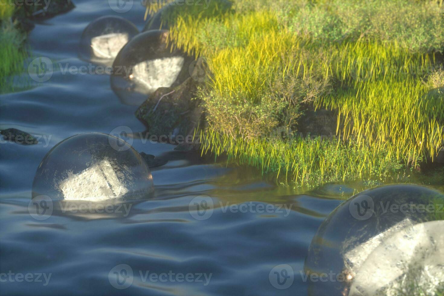 The fantasy lanterns in the river between mountains, 3d rendering photo
