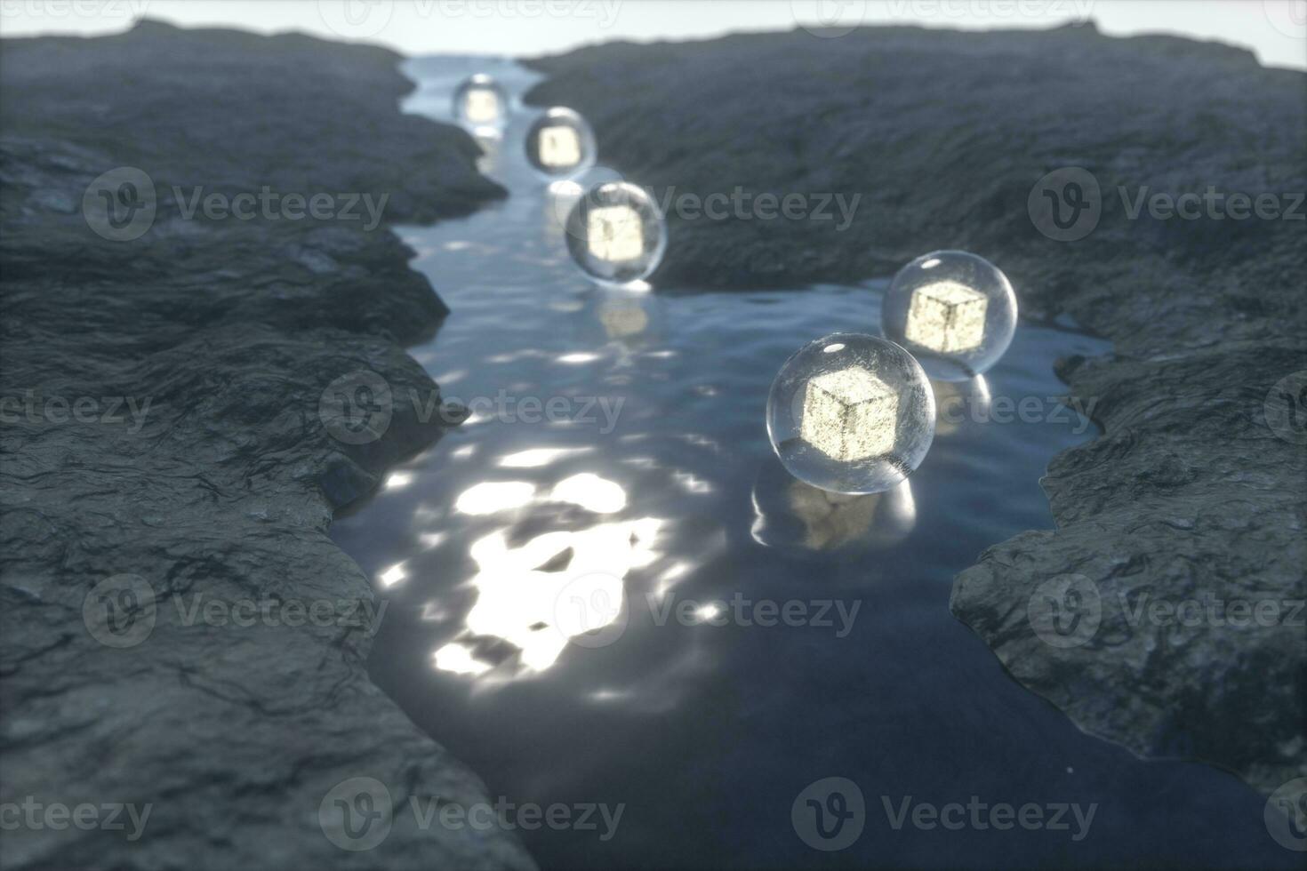 The flowing lantern in the river between the mountains at night, 3d rendering photo