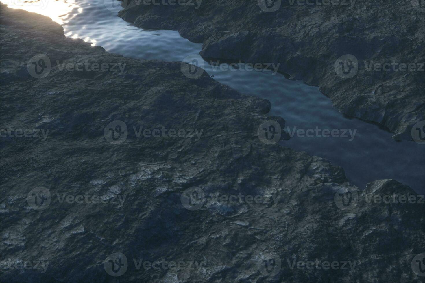 el río Entre el montañas en el mañana, 3d representación foto