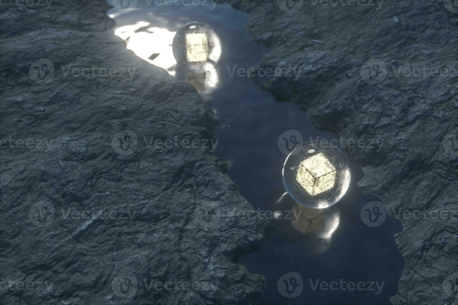 The flowing lantern in the river between the mountains at night, 3d rendering photo