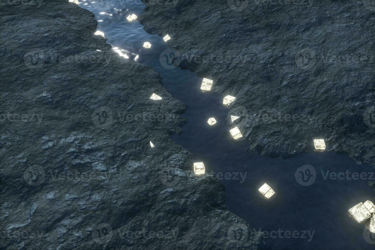 The flowing lantern in the river between the mountains at night, 3d rendering photo