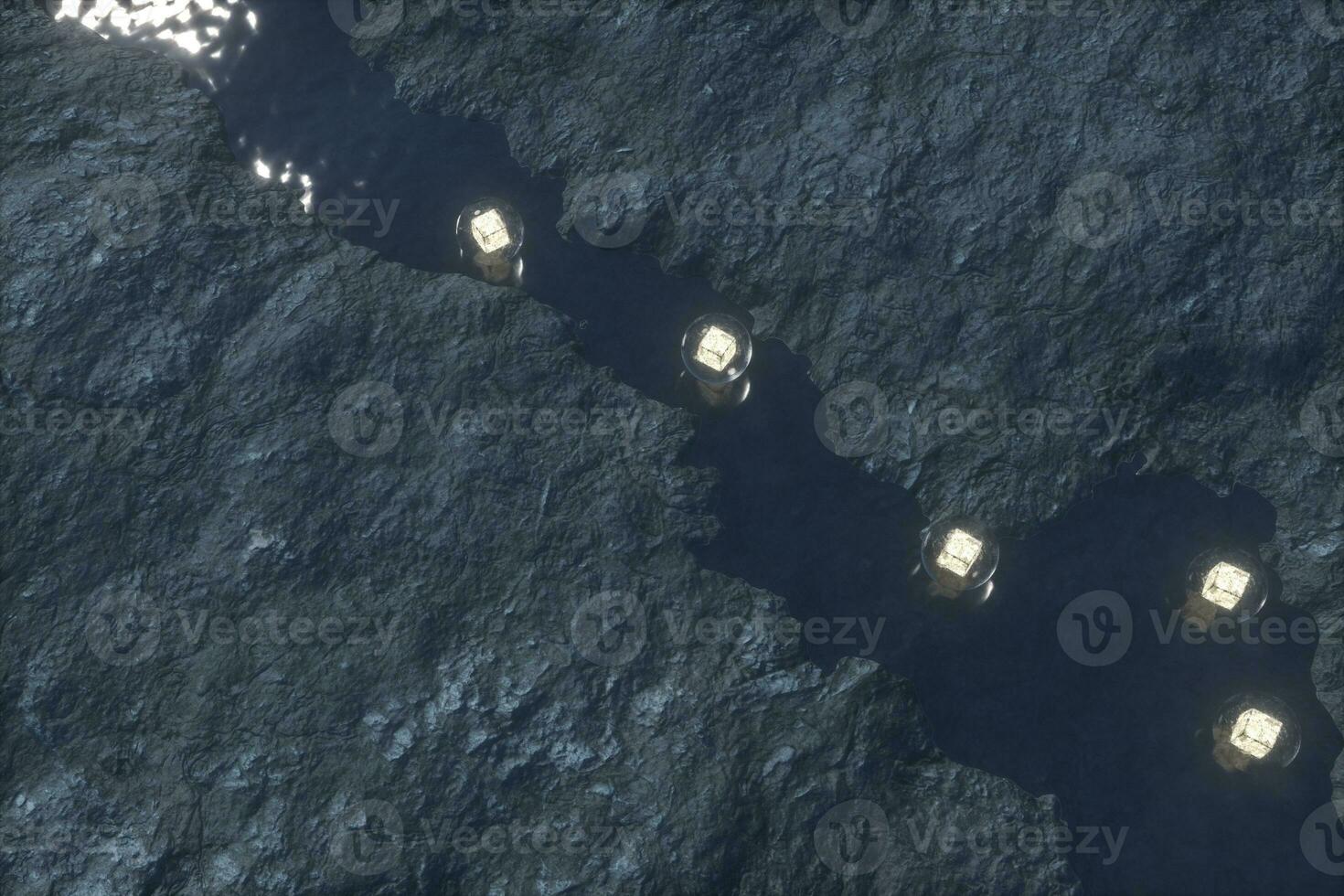 The flowing lantern in the river between the mountains at night, 3d rendering photo