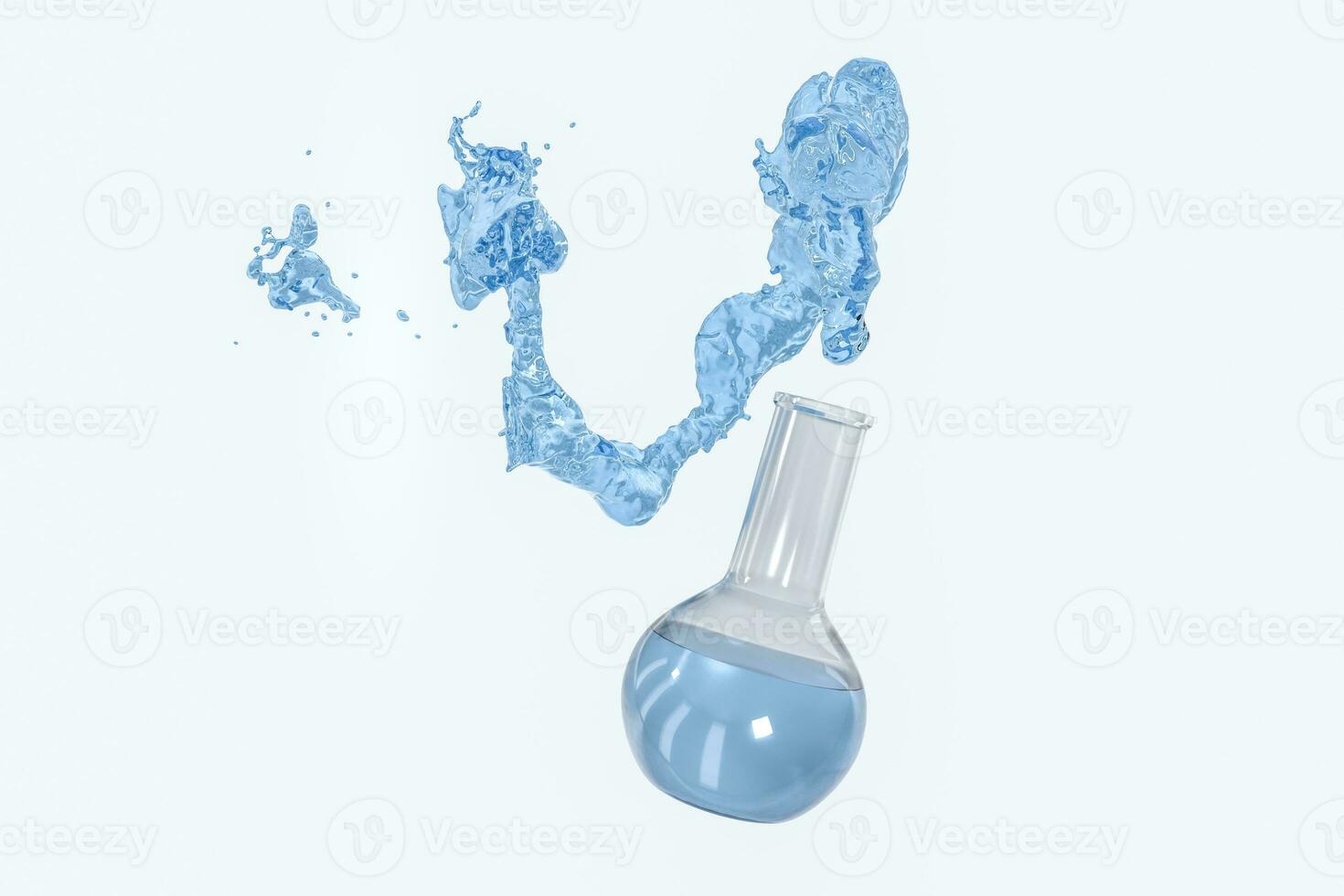 Chemical equipment bottle and splashing liquid, 3d rendering photo