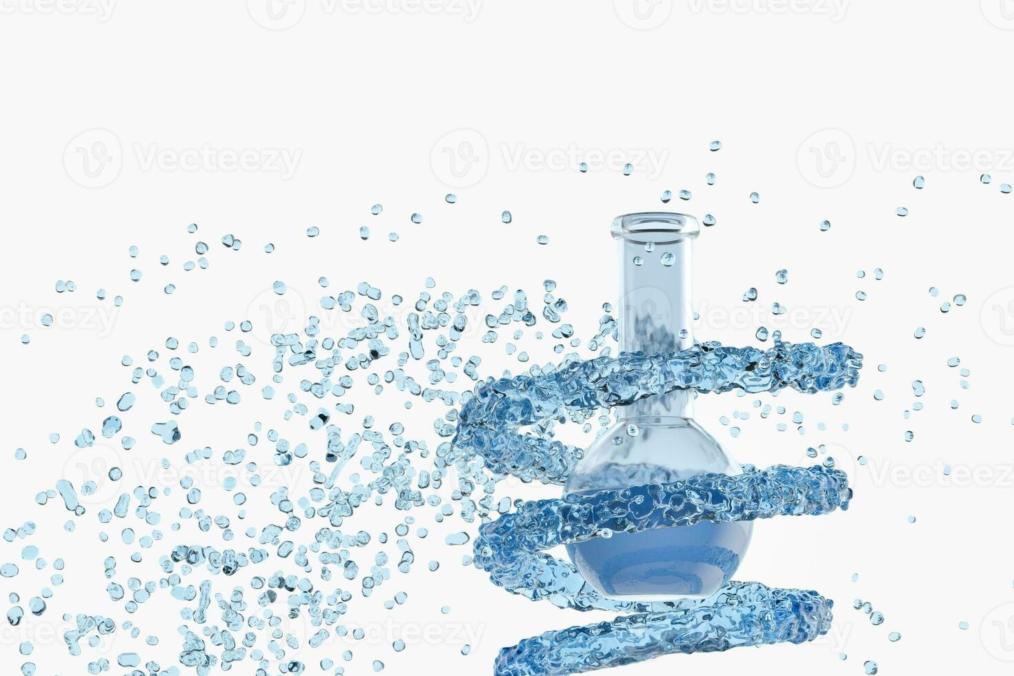 Chemical equipment bottle and splashing liquid, 3d rendering photo