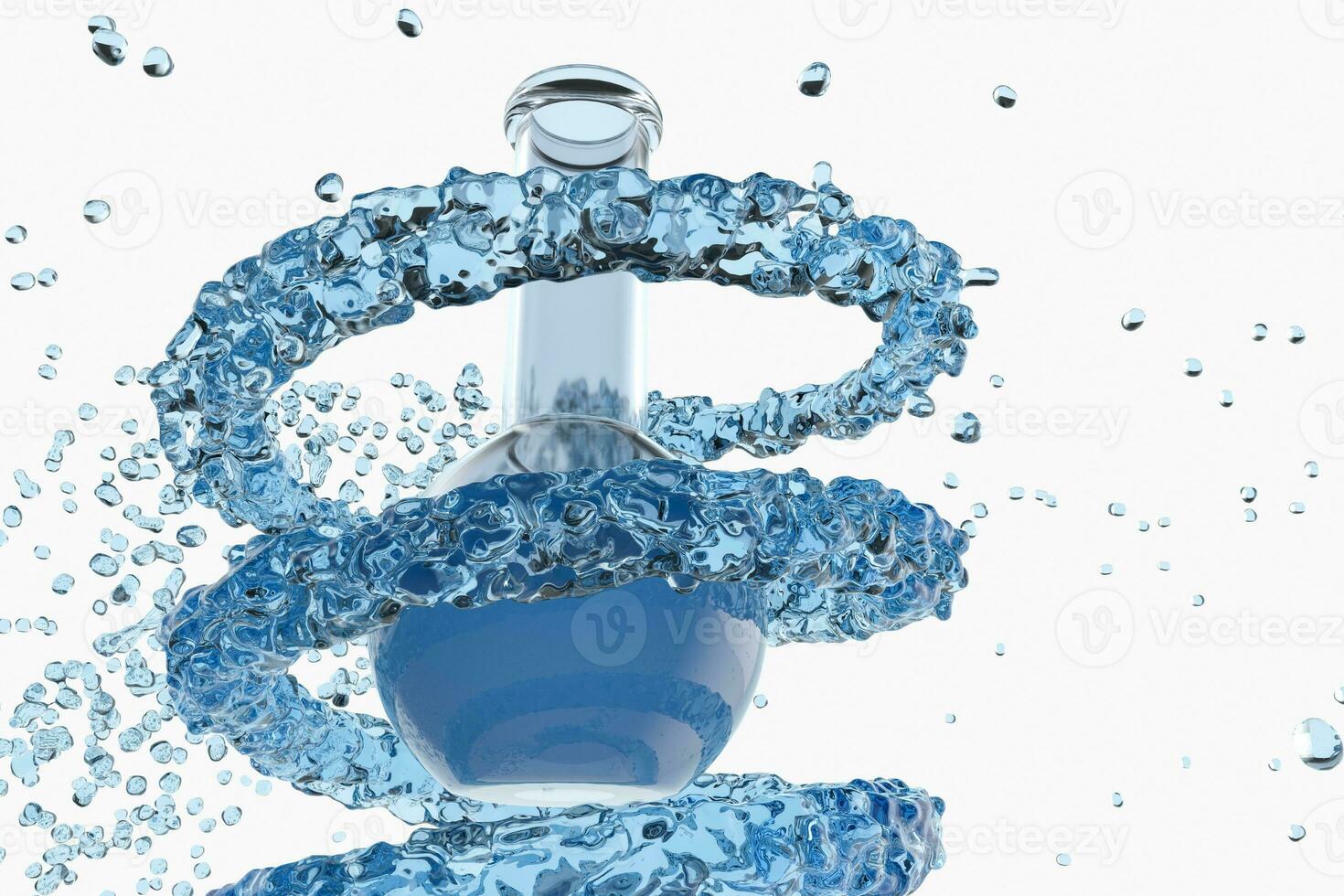 Chemical equipment bottle and splashing liquid, 3d rendering photo