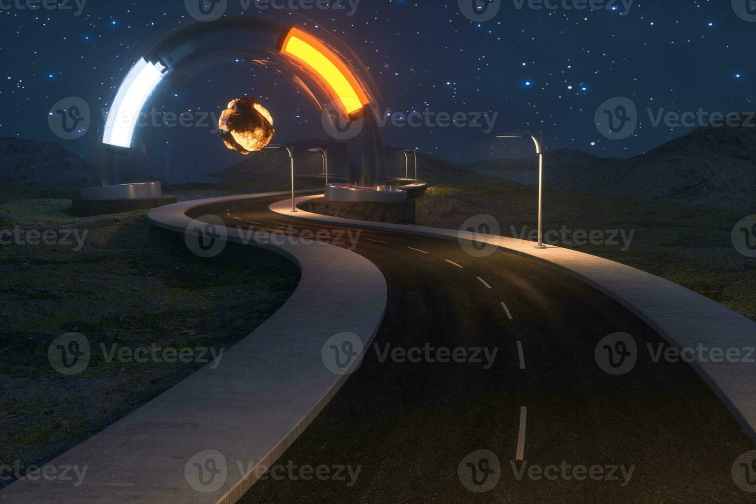 The waving road and the round magic entrance, 3d rendering. photo