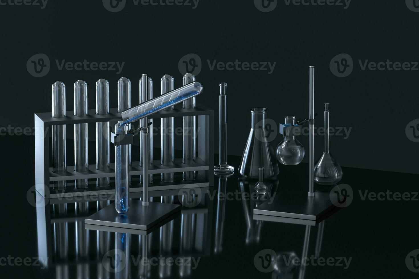 Chemical instruments and reagents in the lab, 3d rendering photo