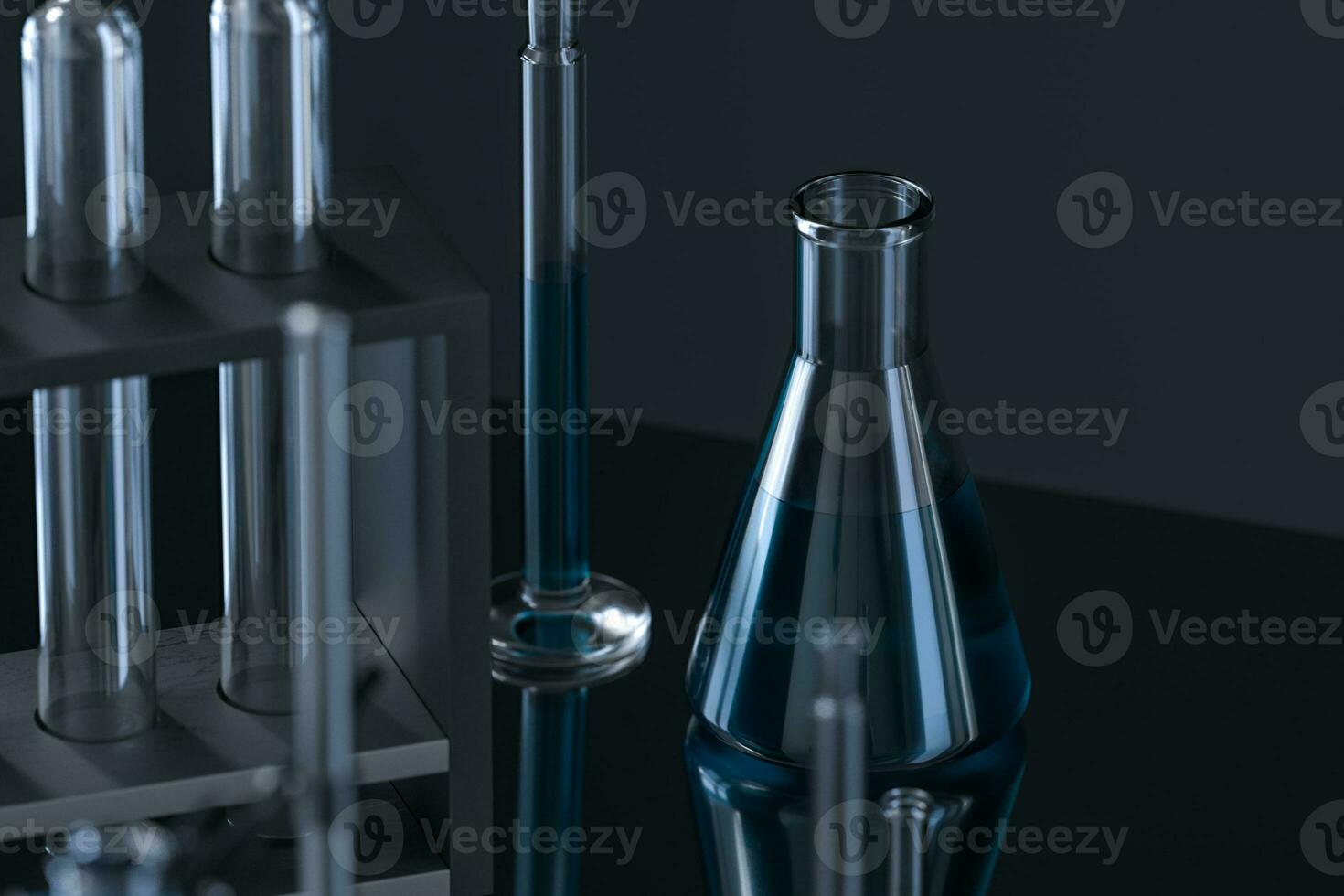 Chemical instruments and reagents in the lab, 3d rendering photo