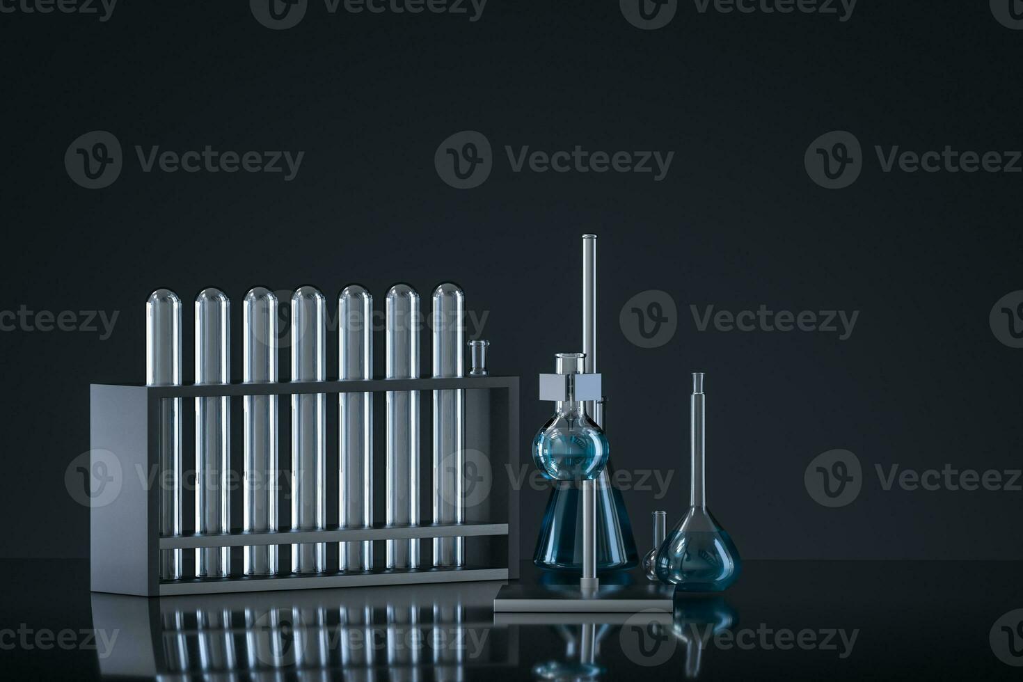 Chemical instruments and reagents in the lab, 3d rendering photo