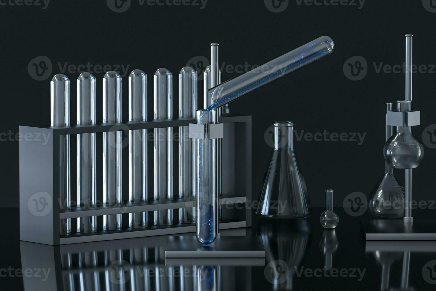 Chemical instruments and reagents in the lab, 3d rendering photo