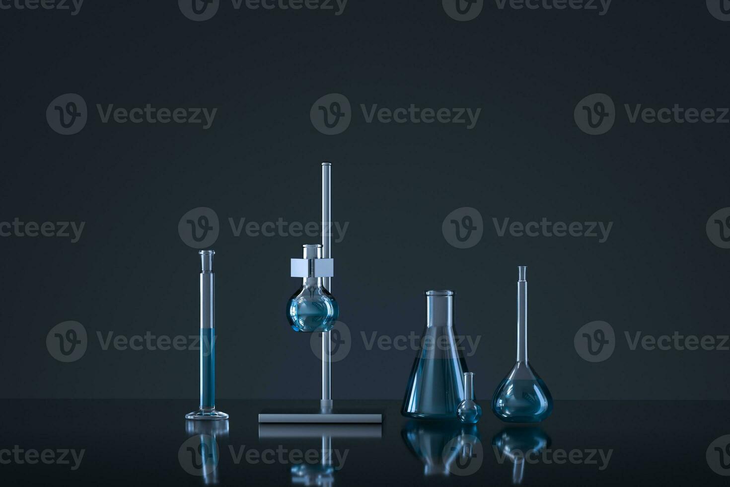 químico instrumentos y reactivos en el laboratorio, 3d representación foto