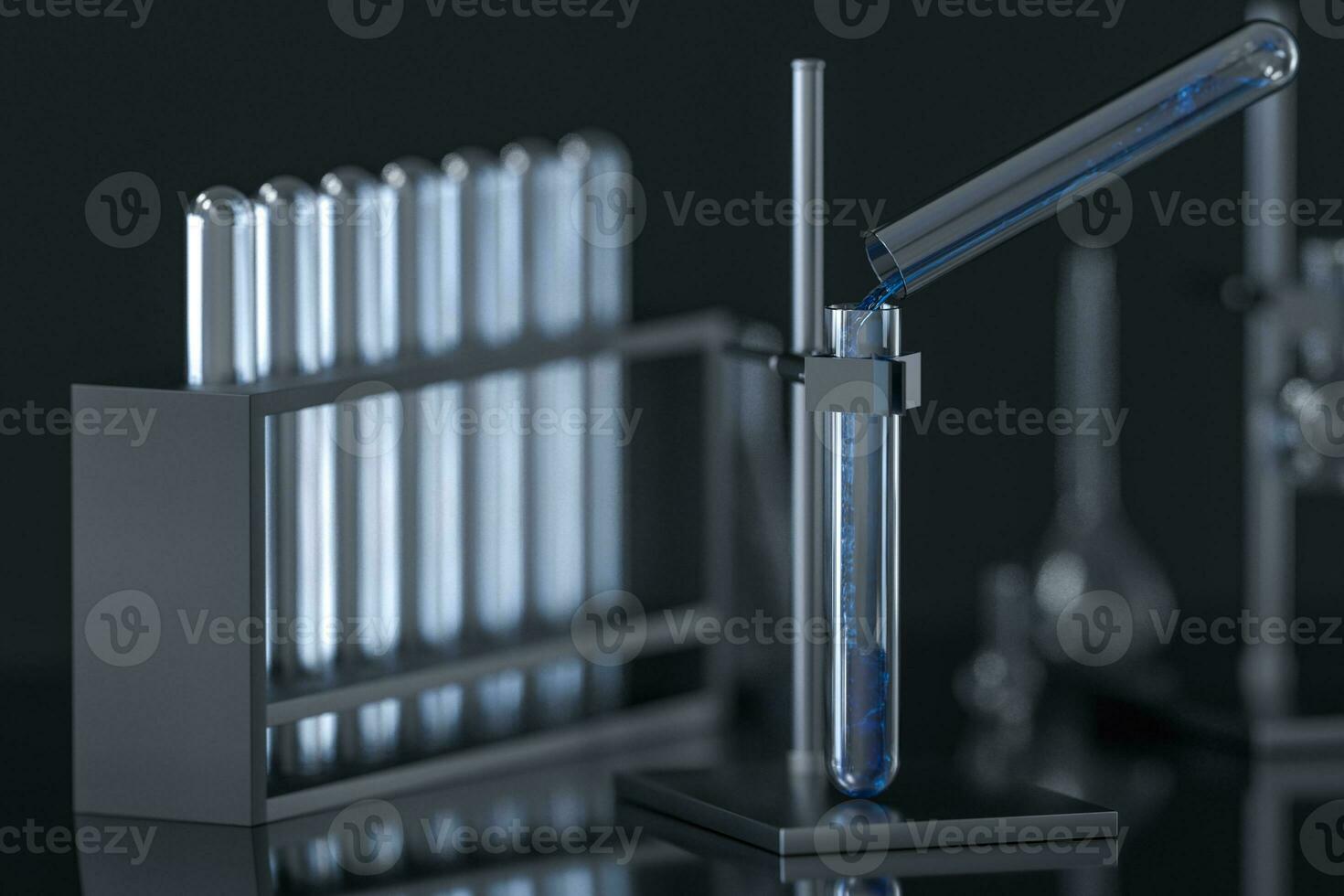 Chemical instruments and reagents in the lab, 3d rendering photo