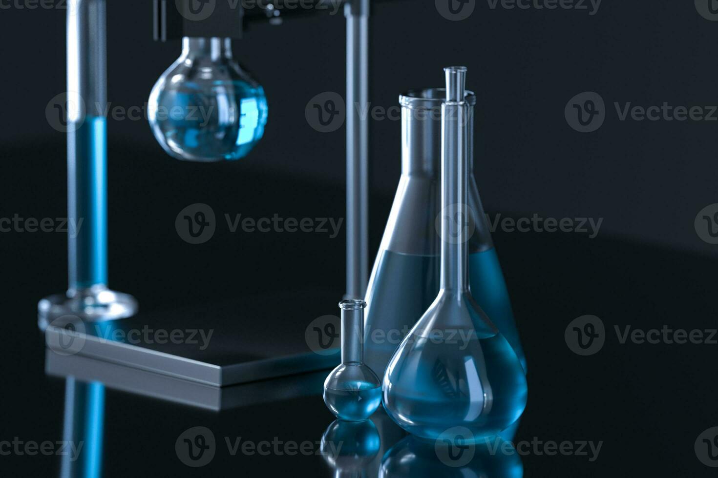 Chemical instruments and reagents in the lab, 3d rendering photo