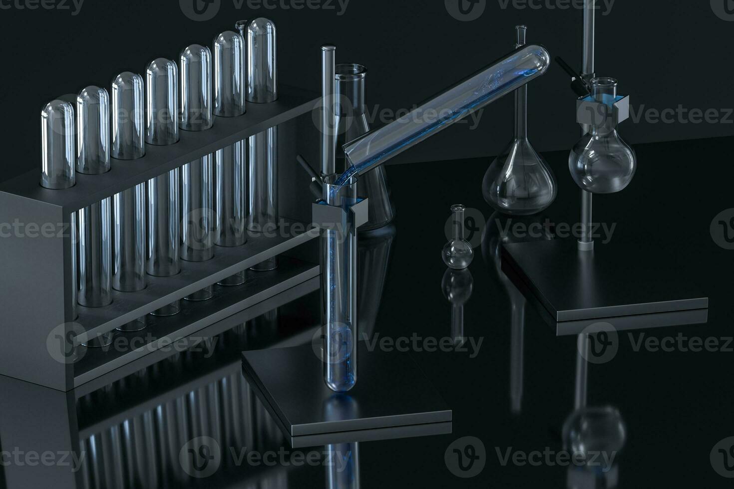 Chemical instruments and reagents in the lab, 3d rendering photo