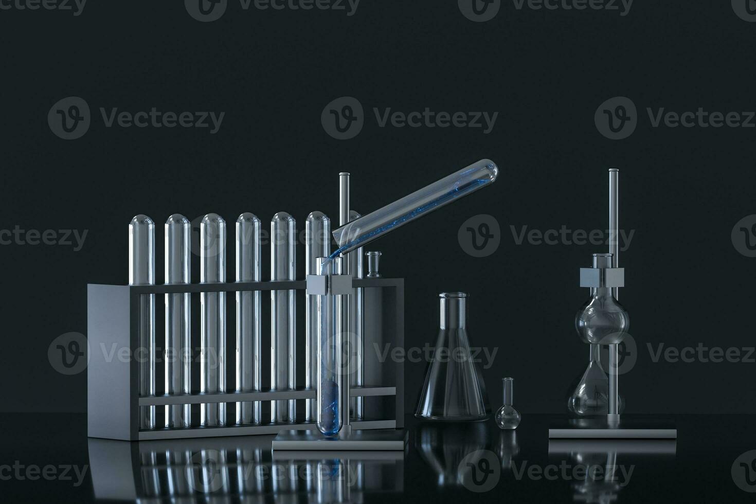 Chemical instruments and reagents in the lab, 3d rendering photo