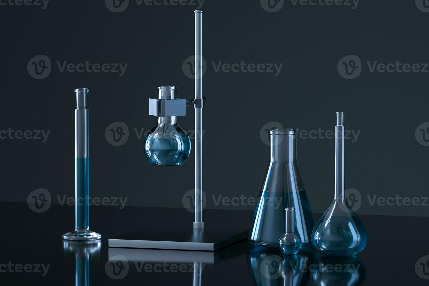 Chemical instruments and reagents in the lab, 3d rendering photo