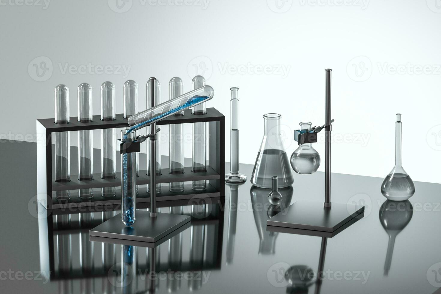 Chemical instruments and reagents in the lab, 3d rendering photo