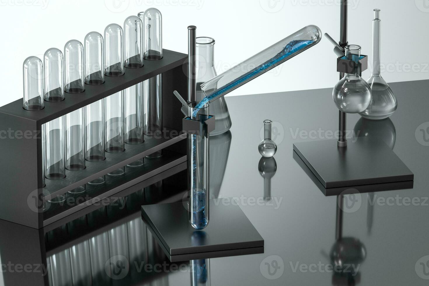 Chemical instruments and reagents in the lab, 3d rendering photo