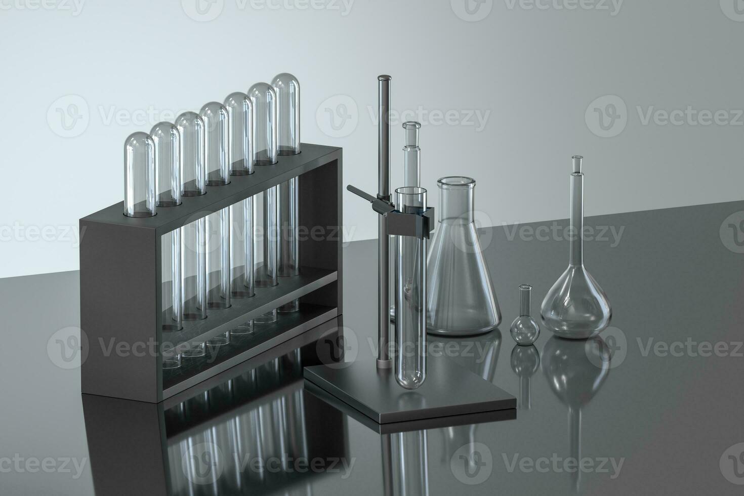 Chemical instruments and reagents in the lab, 3d rendering photo