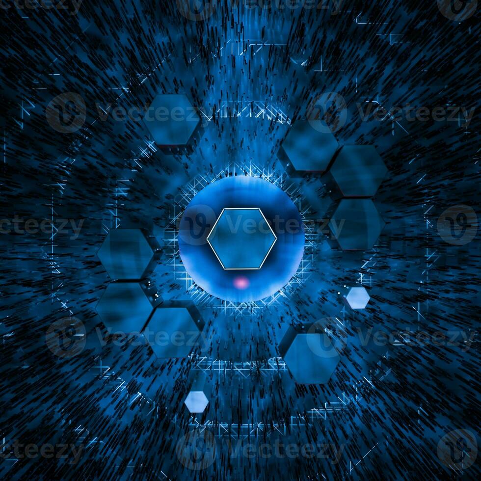 Hexagon cube with dark background, surrounded by glowing lines, 3d rendering. photo