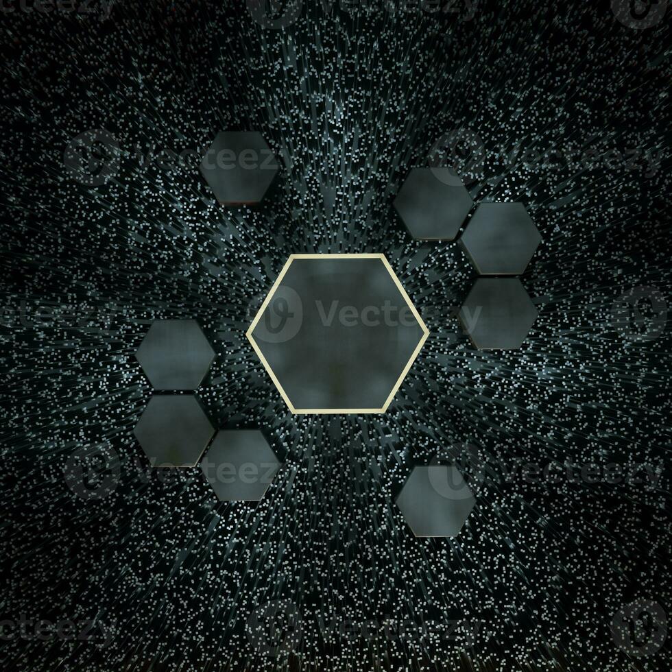 Hexagon cube with dark background, surrounded by glowing lines, 3d rendering. photo