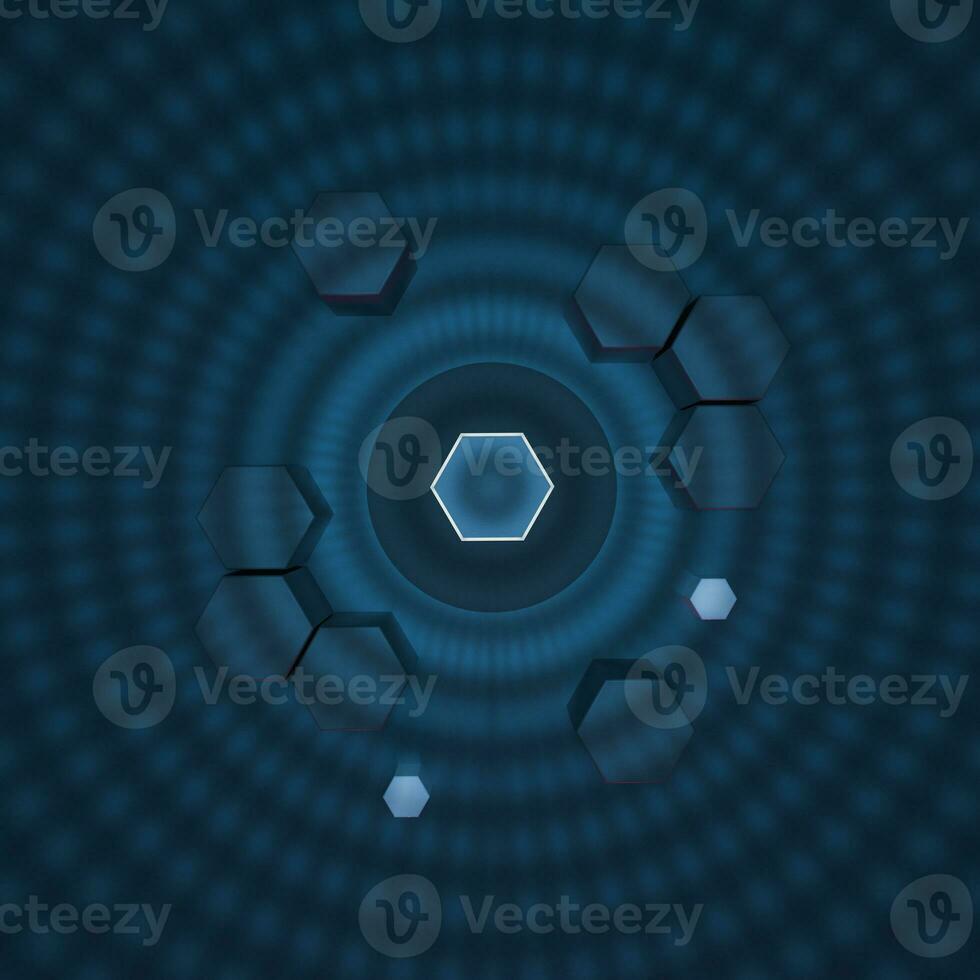 Hexagon cube with dark background, surrounded by glowing lines, 3d rendering. photo
