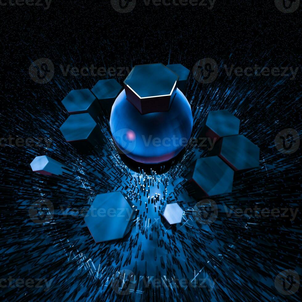 Hexagon cube with dark background, surrounded by glowing lines, 3d rendering. photo