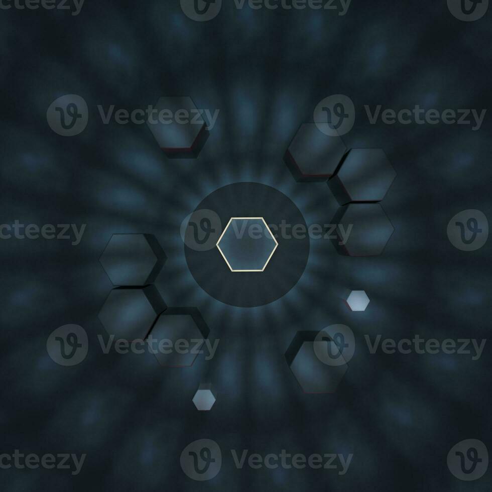 Hexagon cube with dark background, surrounded by glowing lines, 3d rendering. photo