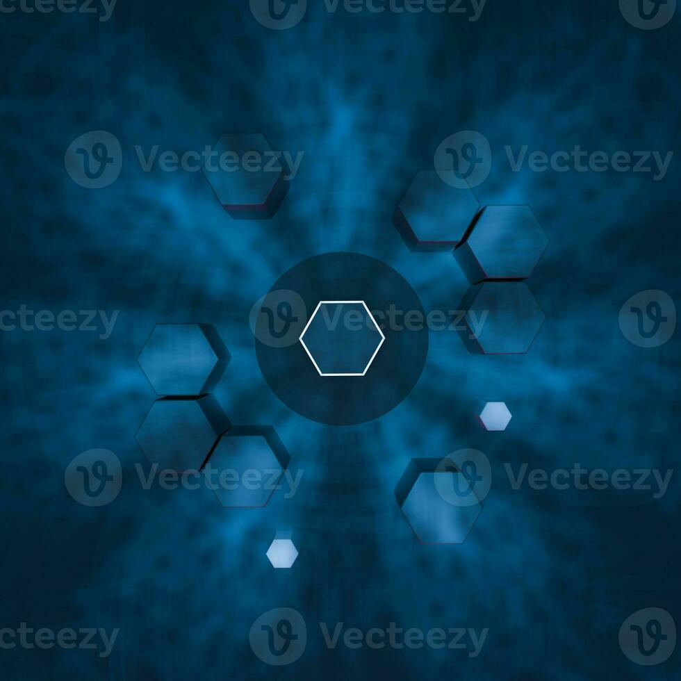 Hexagon cube with dark background, surrounded by glowing lines, 3d rendering. photo