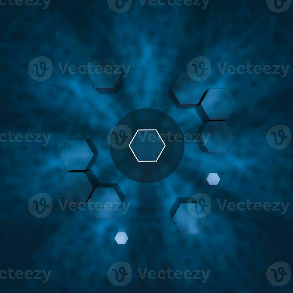 hexágono cubo con oscuro fondo, rodeado por brillante líneas, 3d representación. foto