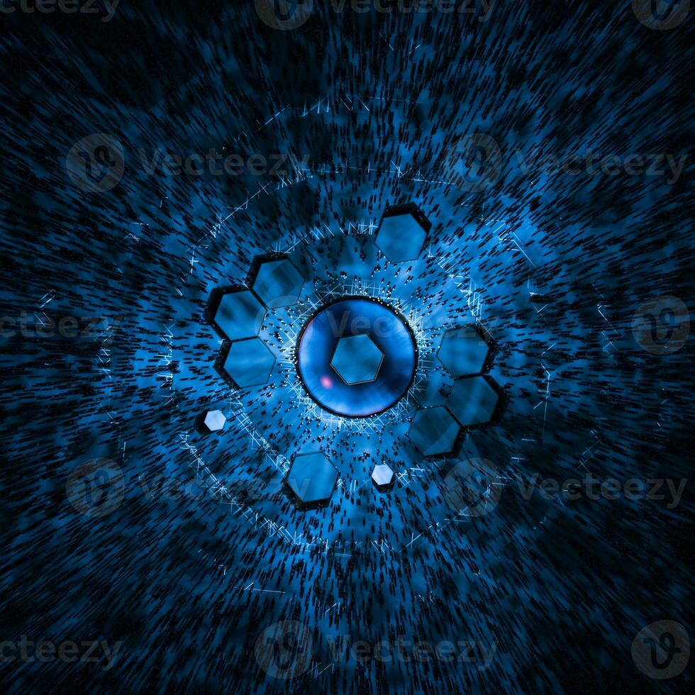 Hexagon cube with dark background, surrounded by glowing lines, 3d rendering. photo