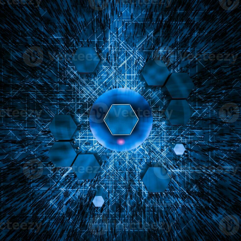 Hexagon cube with dark background, surrounded by glowing lines, 3d rendering. photo